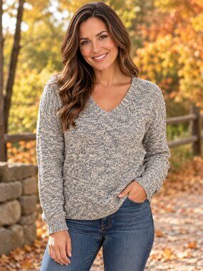 Roe Womens Gray Marled Soft Knit Sweater V-Neck Long Sleeve Size Medium
